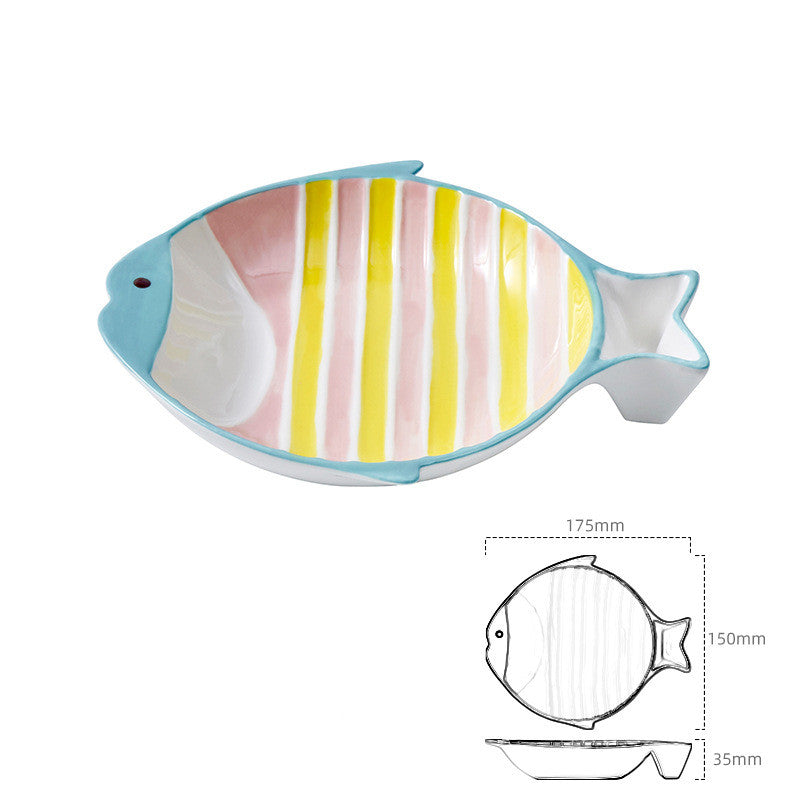 Pink and yellow striped fish-shaped ceramic cat bowl with size diagram showing 175mm x 150mm x 35mm dimensions