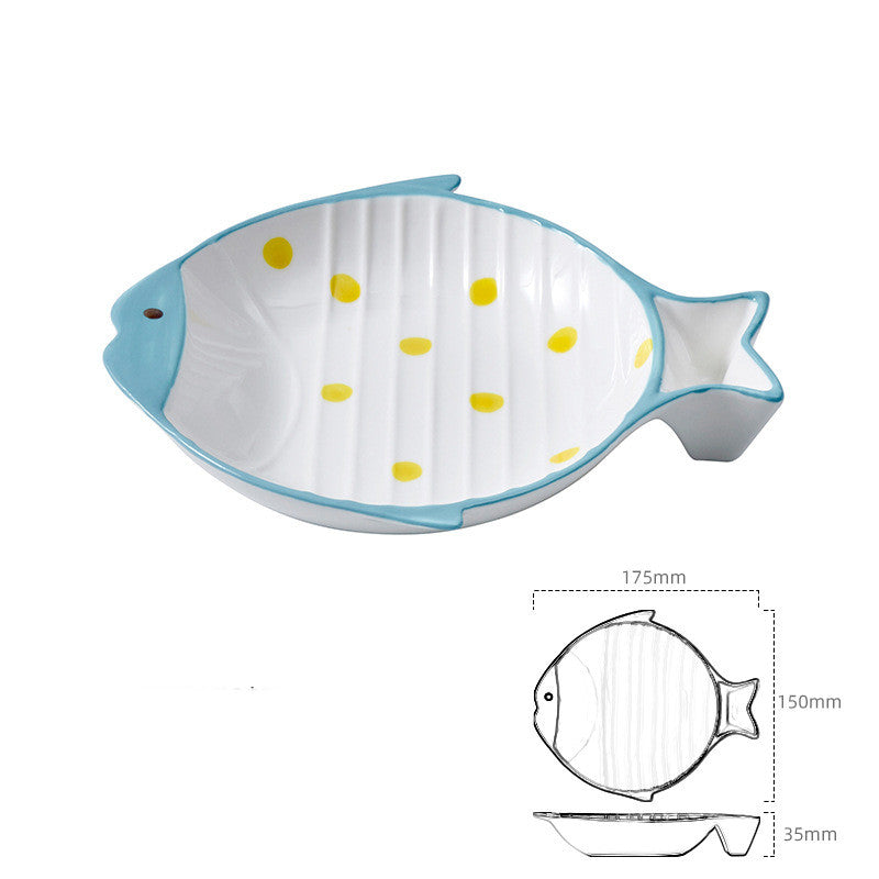 Yellow polka-dot fish-shaped ceramic cat bowl with size diagram showing 175mm x 150mm x 35mm dimensions