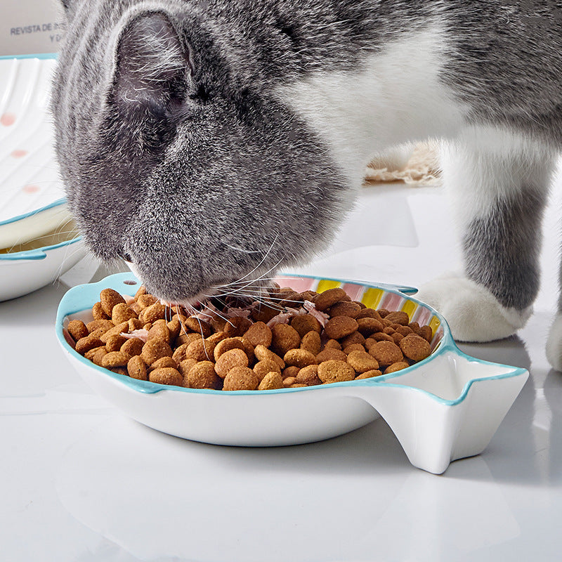 Gray cat eating dry food from a fish-shaped ceramic cat bowl with a shallow, whisker-friendly blue rim