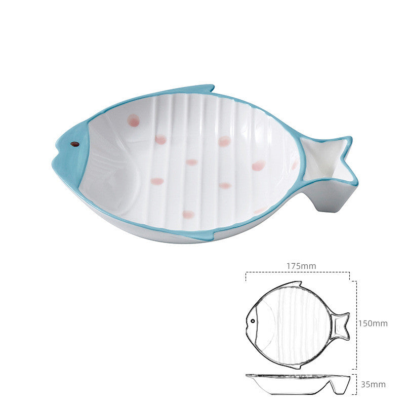 Pink polka-dot fish-shaped ceramic cat bowl with size diagram showing 175mm x 150mm x 35mm dimensions