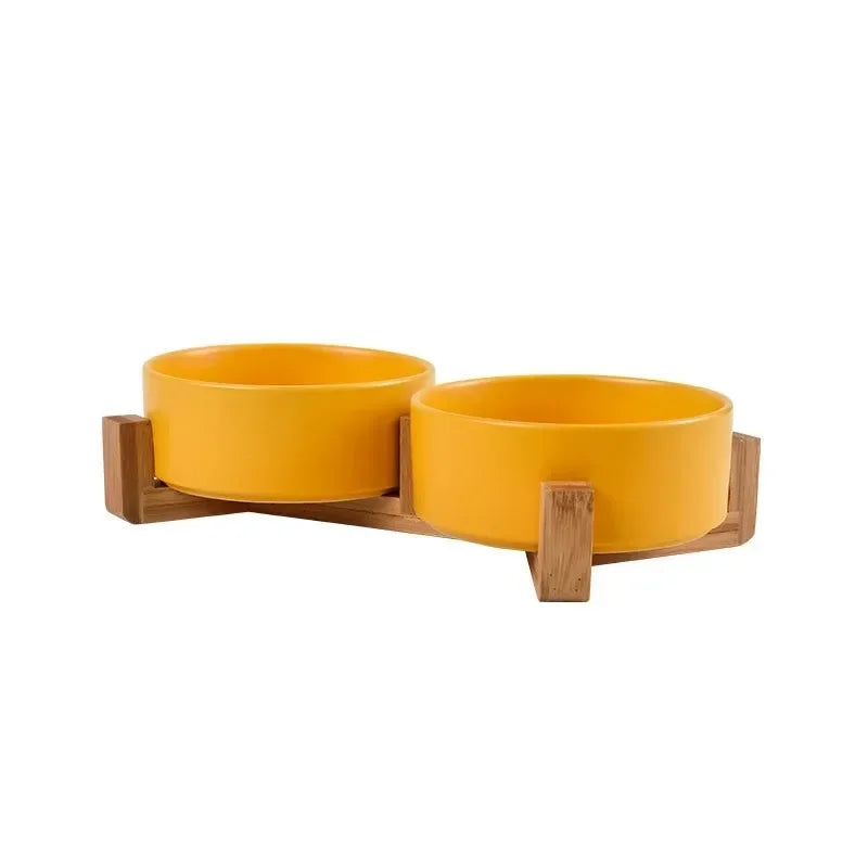Raised Wood Stand Pet Feeder — Double Ceramic Bowl for Food & Water (Cat & Small Dog)