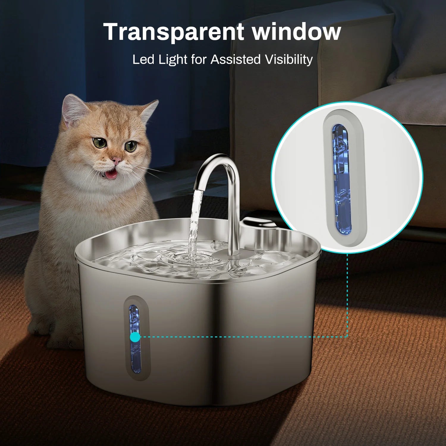 2.2L Stainless Steel Pet Water Fountain — Ultra-Quiet Pump, Visible Tank, Triple Filter