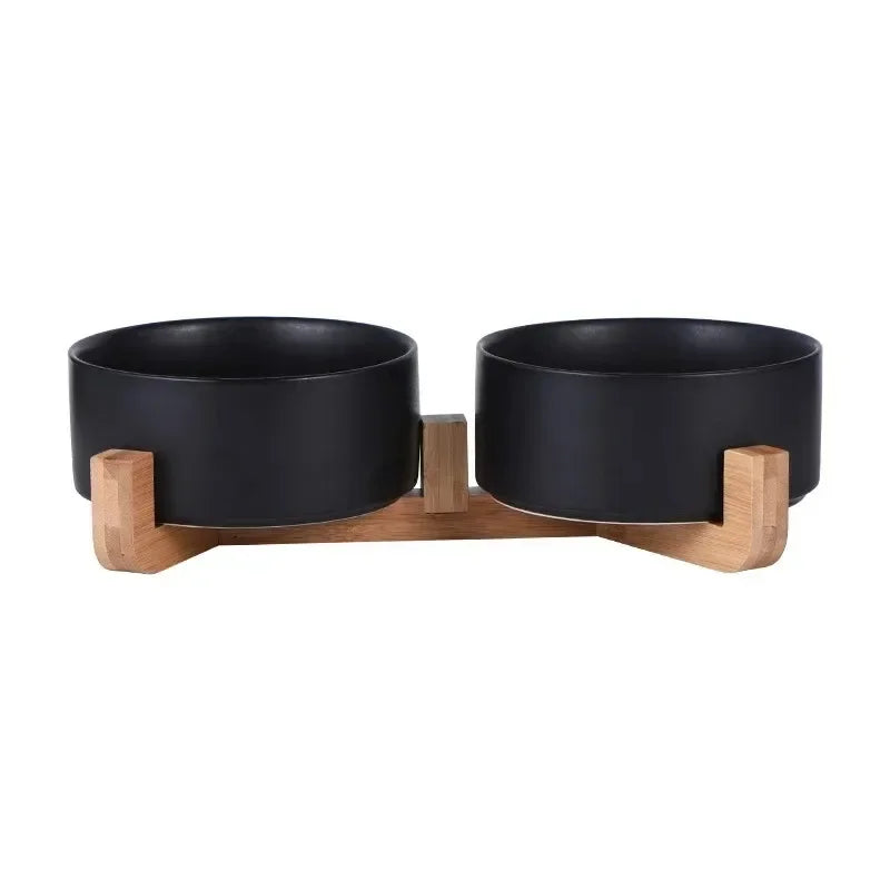 Raised Wood Stand Pet Feeder — Double Ceramic Bowl for Food & Water (Cat & Small Dog)
