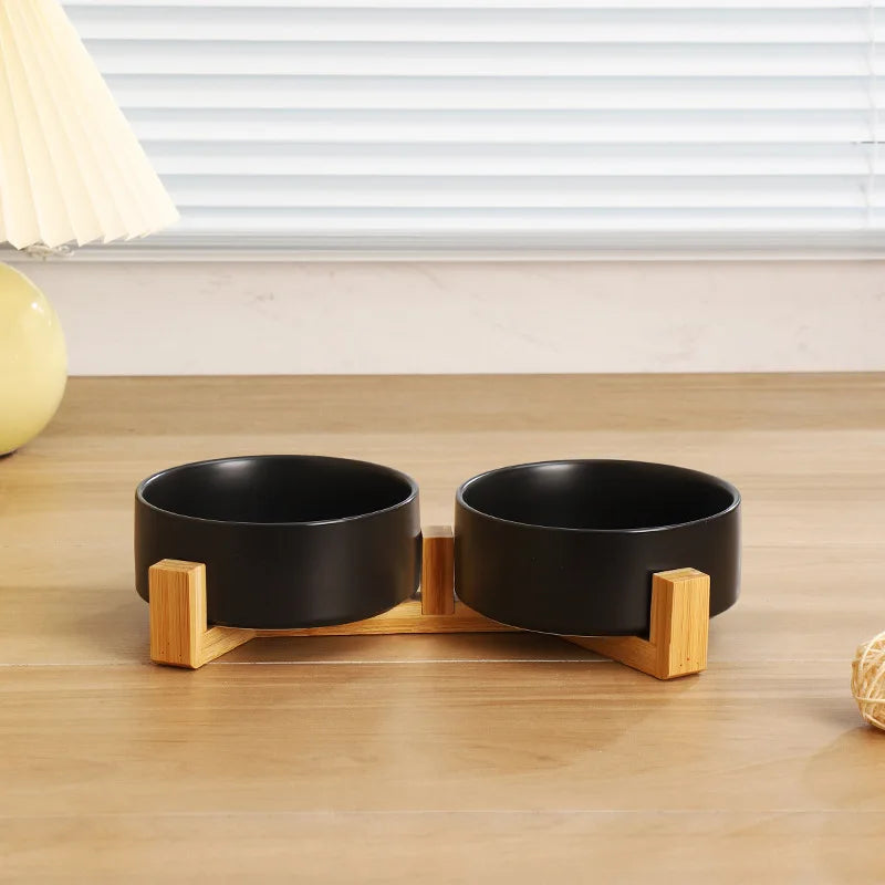 Raised Wood Stand Pet Feeder — Double Ceramic Bowl for Food & Water (Cat & Small Dog)