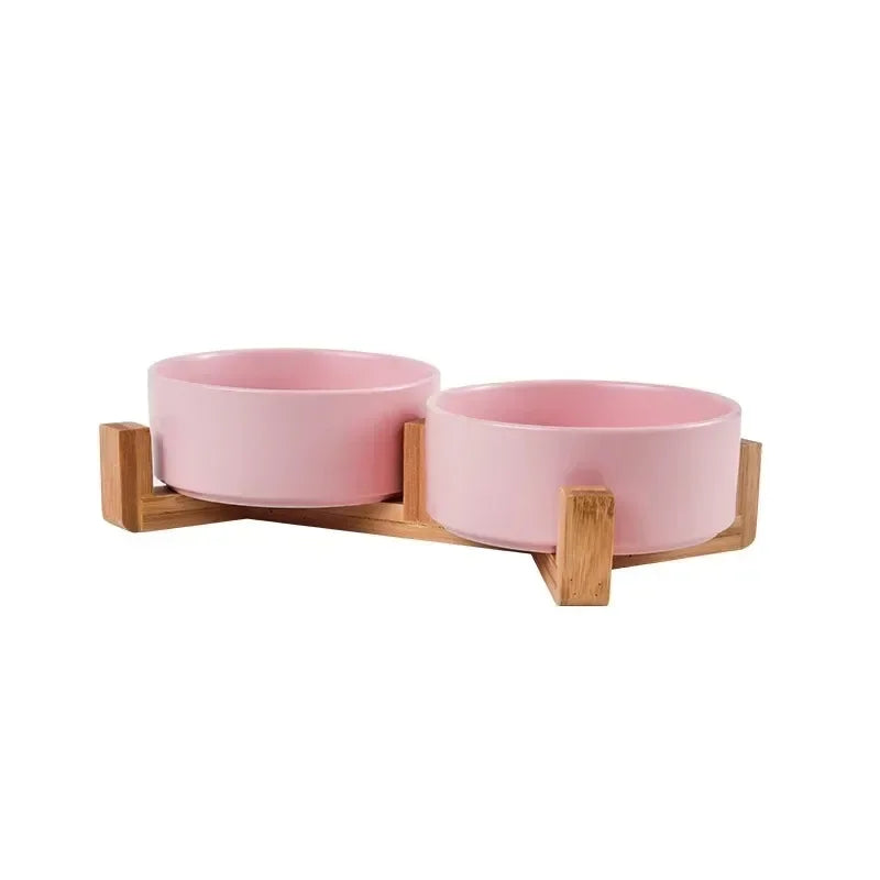 Raised Wood Stand Pet Feeder — Double Ceramic Bowl for Food & Water (Cat & Small Dog)