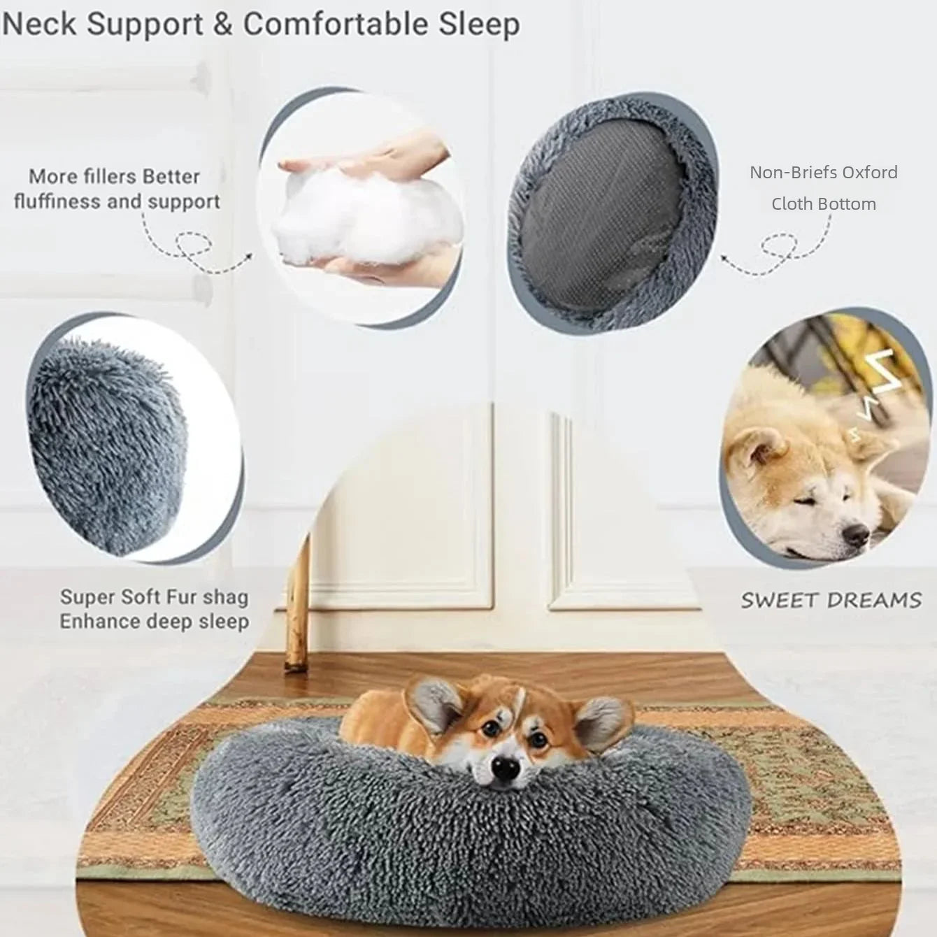 Round Donut Cuddler Pet Bed — Plush Calming Bed for Anxious Cats & Dogs (40–90cm)