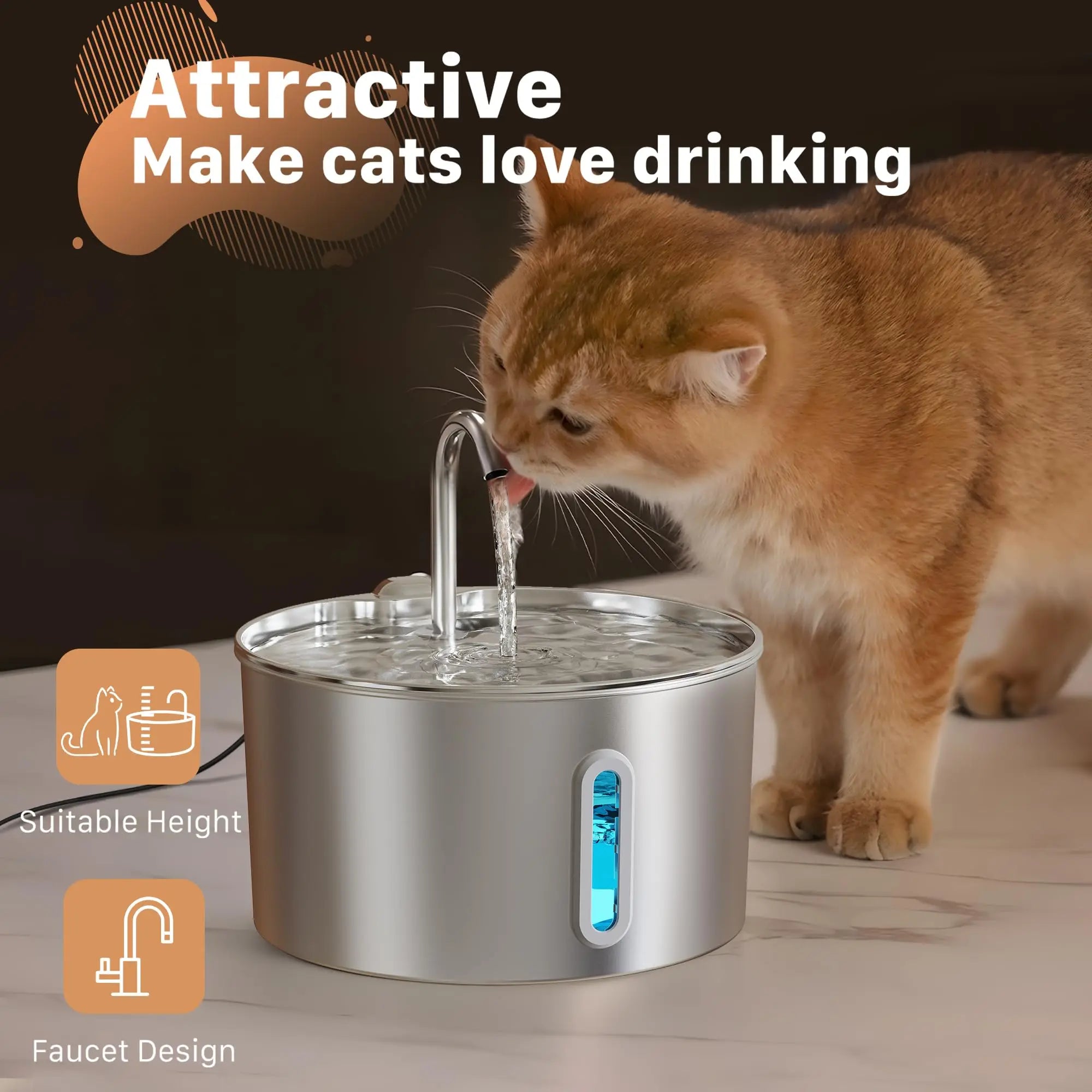 2.2L Stainless Steel Pet Water Fountain — Ultra-Quiet Pump, Visible Tank, Triple Filter