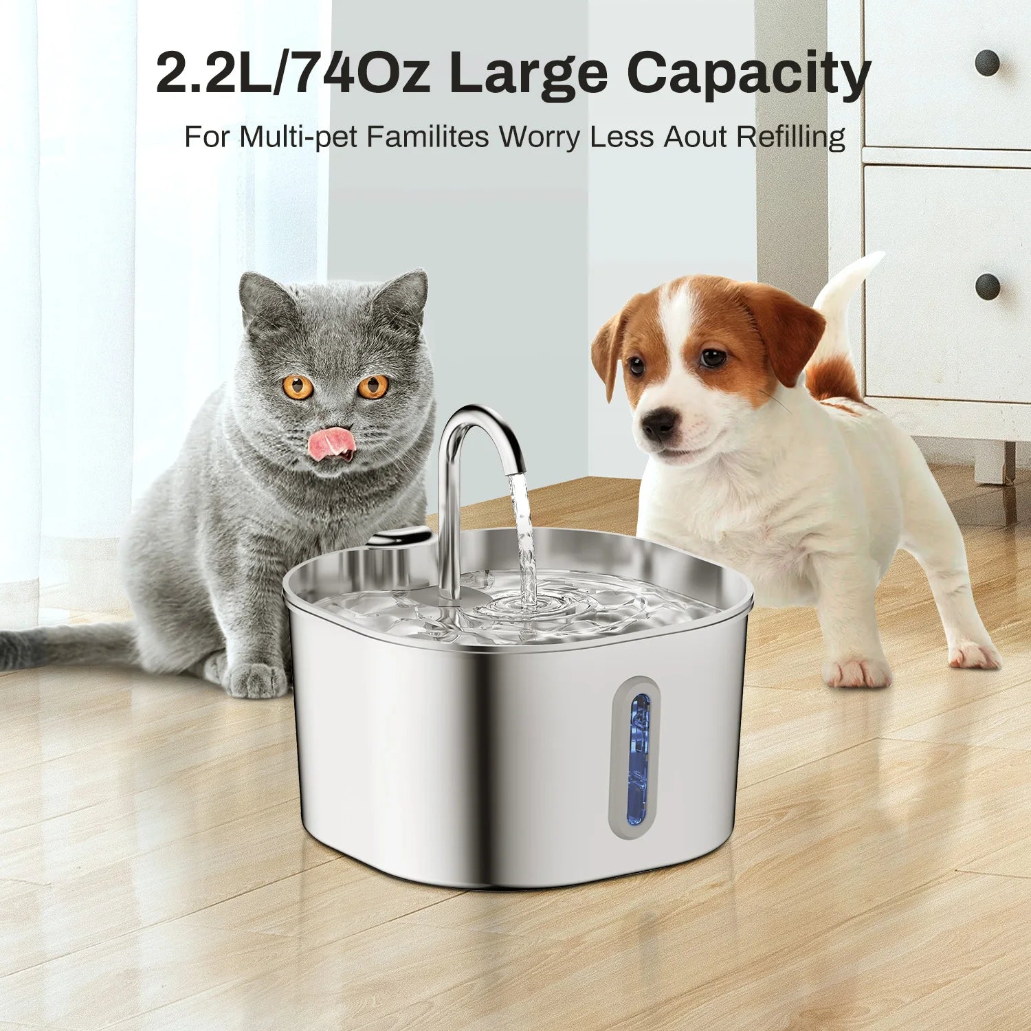 2.2L Stainless Steel Pet Water Fountain — Ultra-Quiet Pump, Visible Tank, Triple Filter