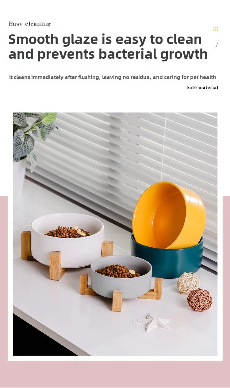 Raised Wood Stand Pet Feeder — Double Ceramic Bowl for Food & Water (Cat & Small Dog)