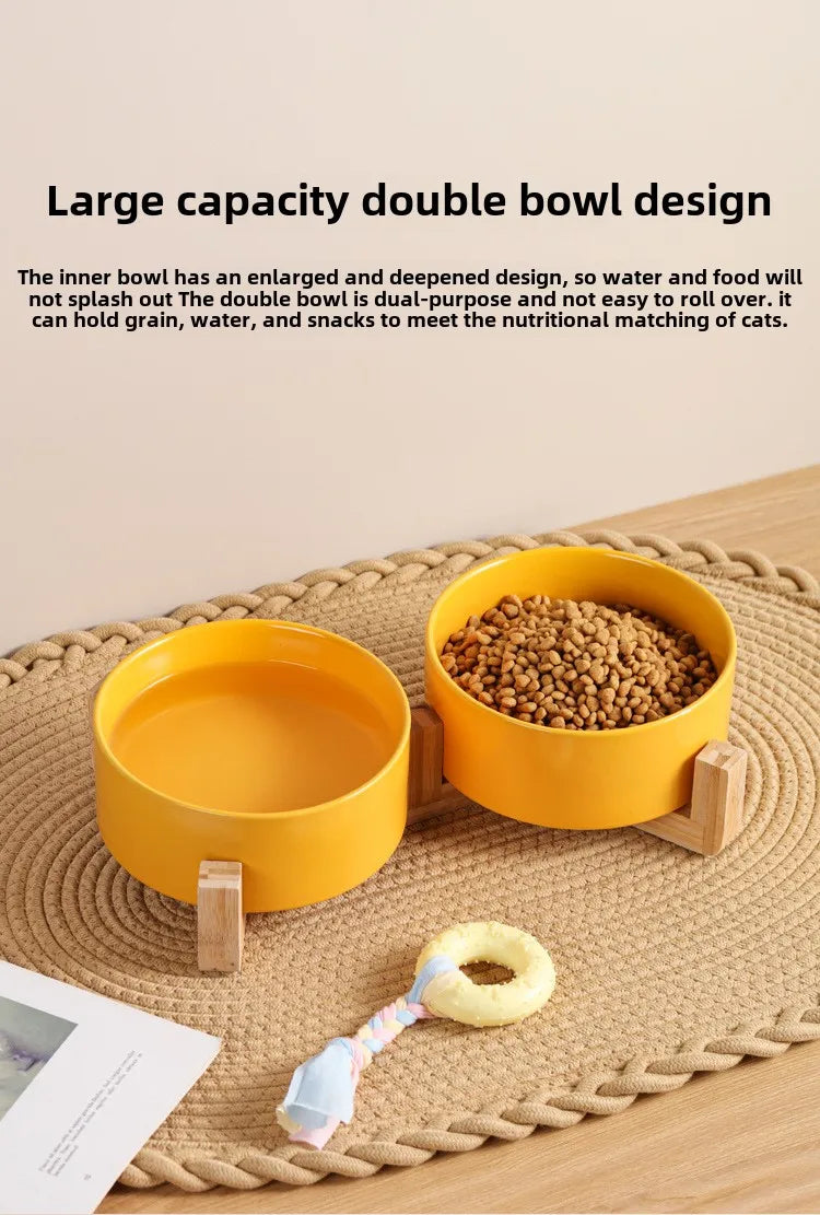 Raised Wood Stand Pet Feeder — Double Ceramic Bowl for Food & Water (Cat & Small Dog)