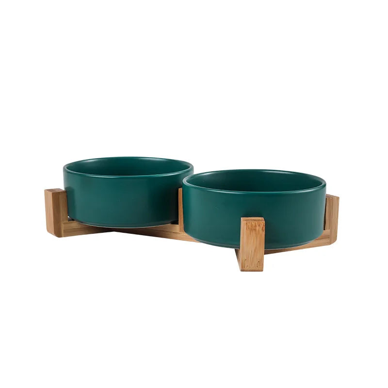 Raised Wood Stand Pet Feeder — Double Ceramic Bowl for Food & Water (Cat & Small Dog)