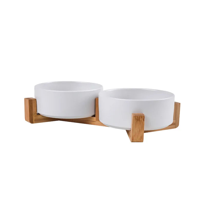 Raised Wood Stand Pet Feeder — Double Ceramic Bowl for Food & Water (Cat & Small Dog)