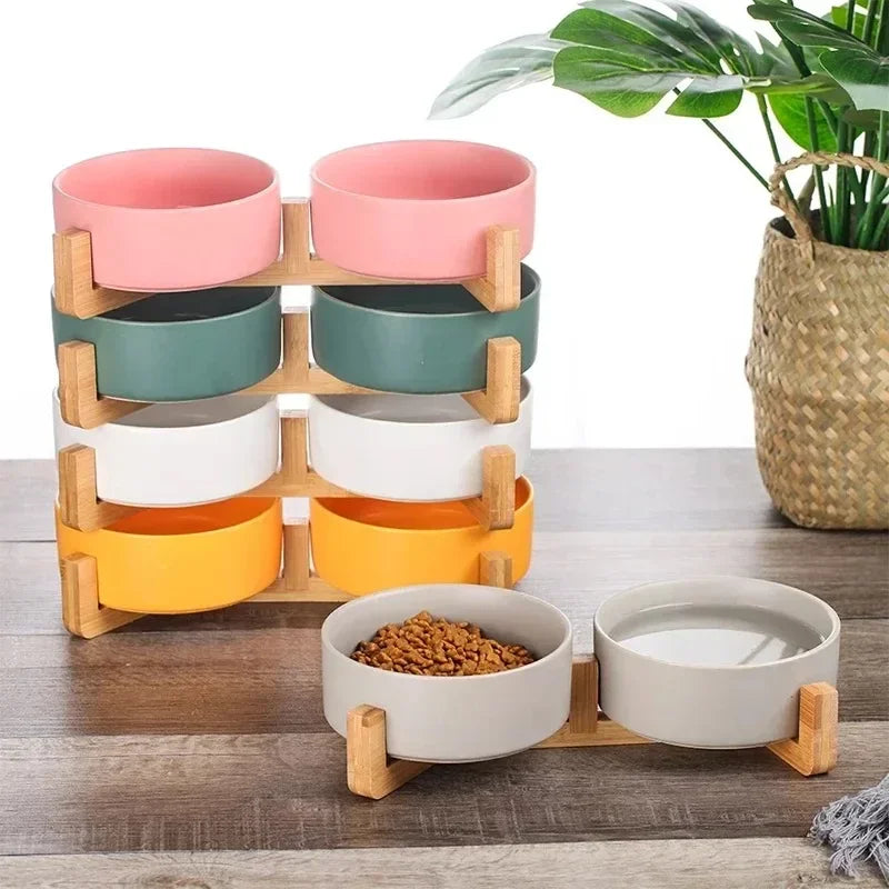 Raised Wood Stand Pet Feeder — Double Ceramic Bowl for Food & Water (Cat & Small Dog)