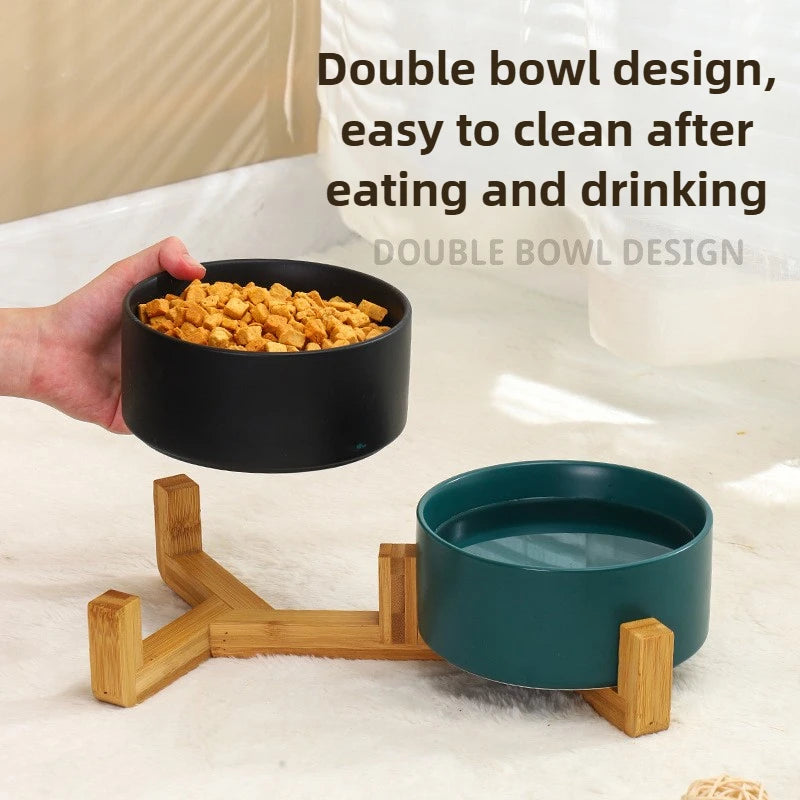 Raised Wood Stand Pet Feeder — Double Ceramic Bowl for Food & Water (Cat & Small Dog)