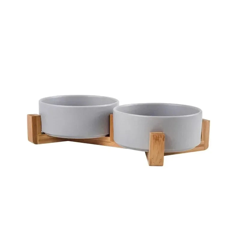 Raised Wood Stand Pet Feeder — Double Ceramic Bowl for Food & Water (Cat & Small Dog)