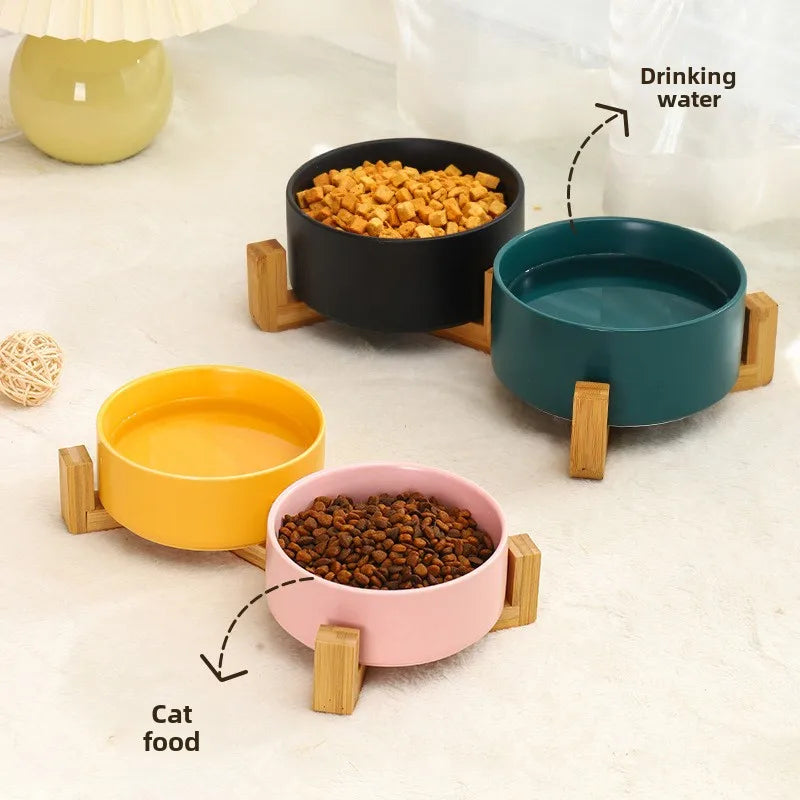 Raised Wood Stand Pet Feeder — Double Ceramic Bowl for Food & Water (Cat & Small Dog)