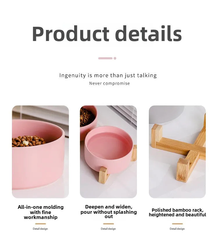 Raised Wood Stand Pet Feeder — Double Ceramic Bowl for Food & Water (Cat & Small Dog)