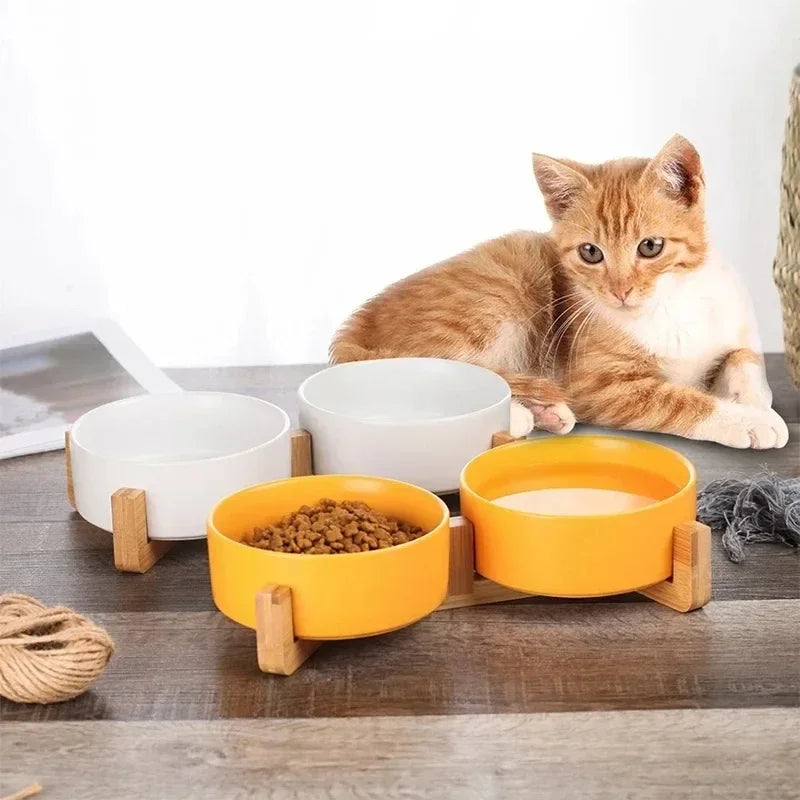 Raised Wood Stand Pet Feeder — Double Ceramic Bowl for Food & Water (Cat & Small Dog)