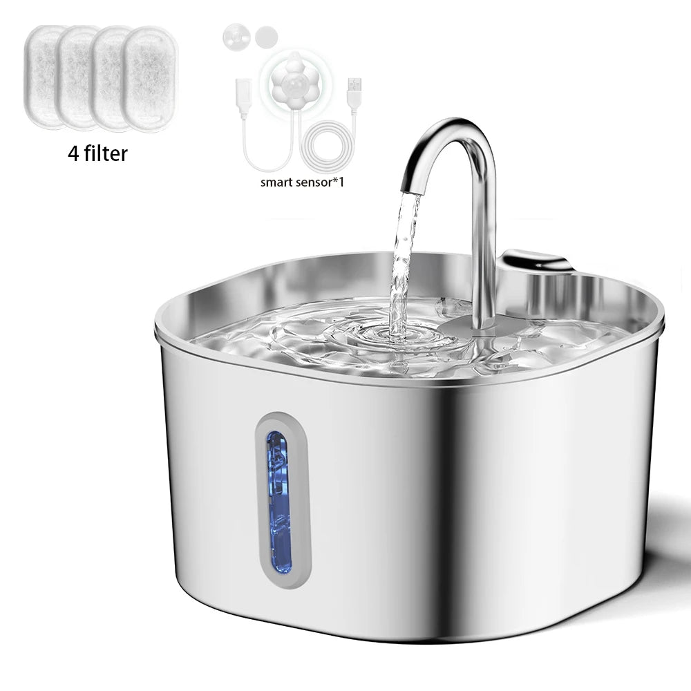 2.2L Stainless Steel Pet Water Fountain — Ultra-Quiet Pump, Visible Tank, Triple Filter