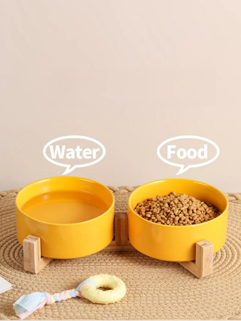 Raised Wood Stand Pet Feeder — Double Ceramic Bowl for Food & Water (Cat & Small Dog)