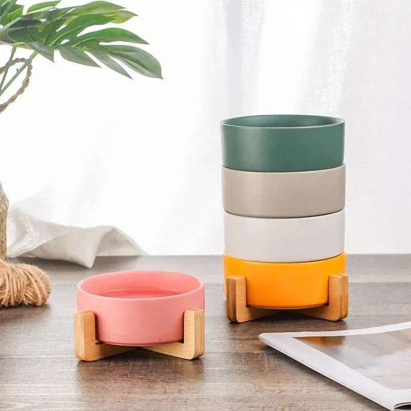 Raised Wood Stand Pet Feeder — Double Ceramic Bowl for Food & Water (Cat & Small Dog)