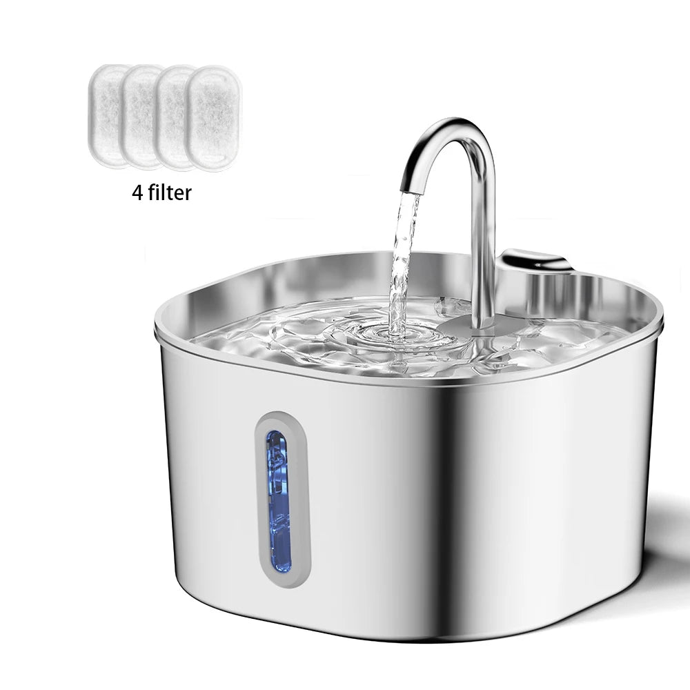 2.2L Stainless Steel Pet Water Fountain — Ultra-Quiet Pump, Visible Tank, Triple Filter