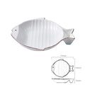 Brown border fish-shaped ceramic cat bowl with size diagram showing 175mm x 150mm x 35mm dimensions